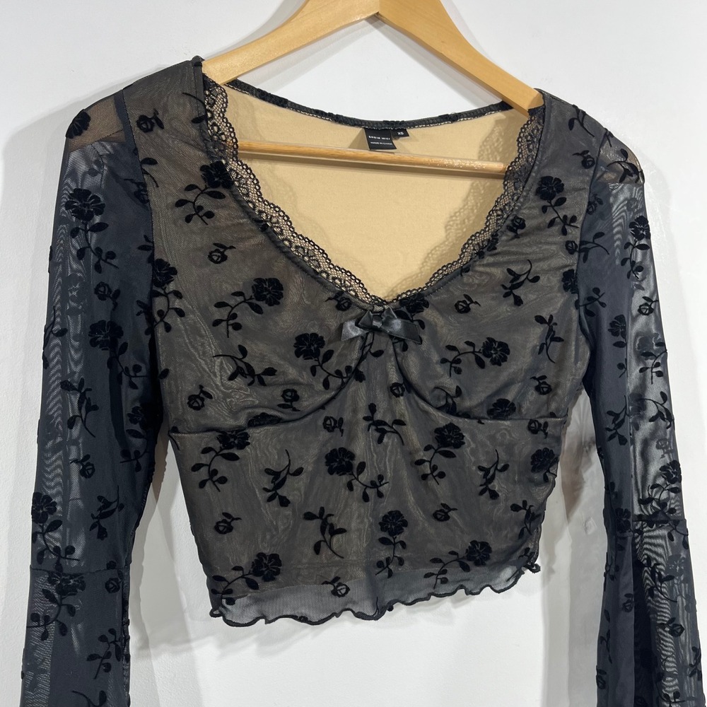 Womens Fairy Grunge Y2K Black‎ Floral Mesh Bell Sleeve Crop Top Lace Trim XS